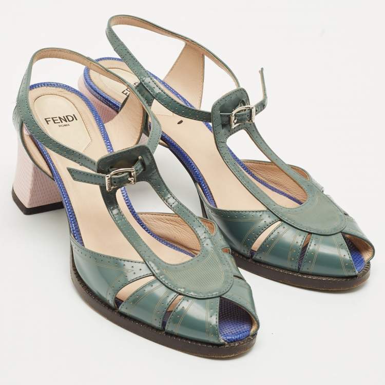 Pre Owned Fendi Grey Leather Chameleon Ankle Strap Sandals Size 37