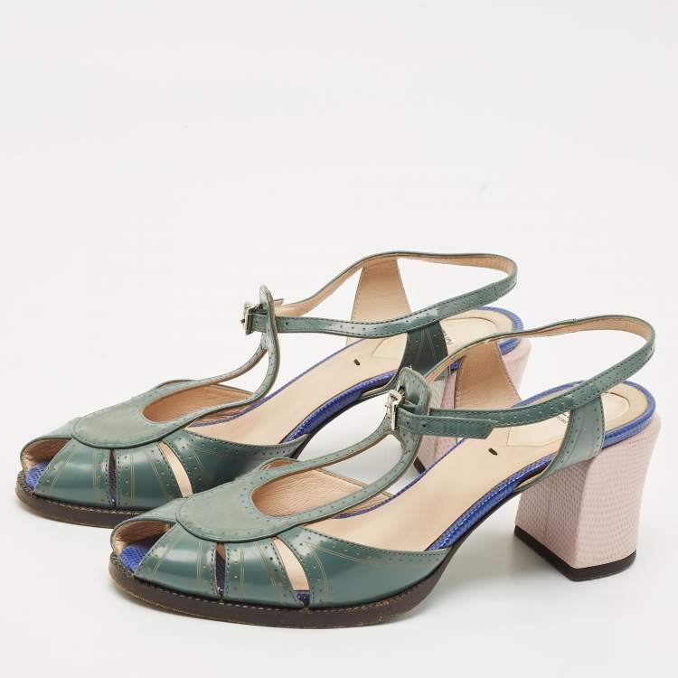 Pre Owned Fendi Grey Leather Chameleon Ankle Strap Sandals Size 37
