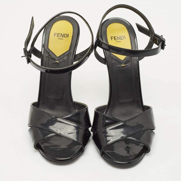 Pre Owned Fendi Black Patent Leather Ankle Strap Sandals Size 37.5