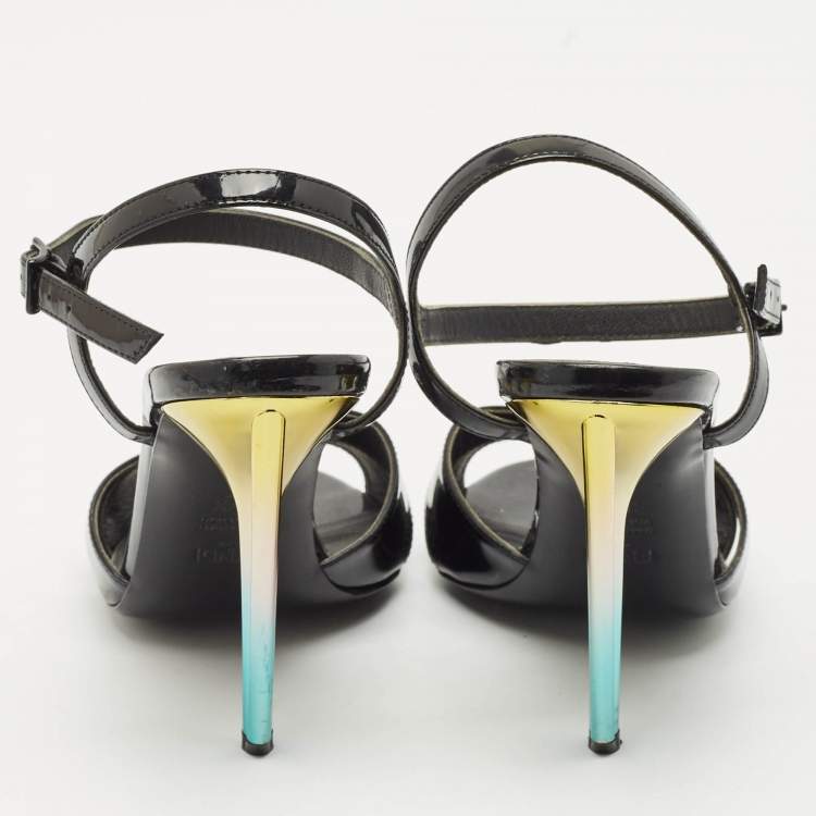 Pre Owned Fendi Black Patent Leather Ankle Strap Sandals Size 37.5