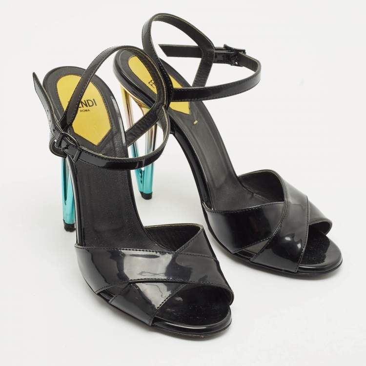 Pre Owned Fendi Black Patent Leather Ankle Strap Sandals Size 37.5