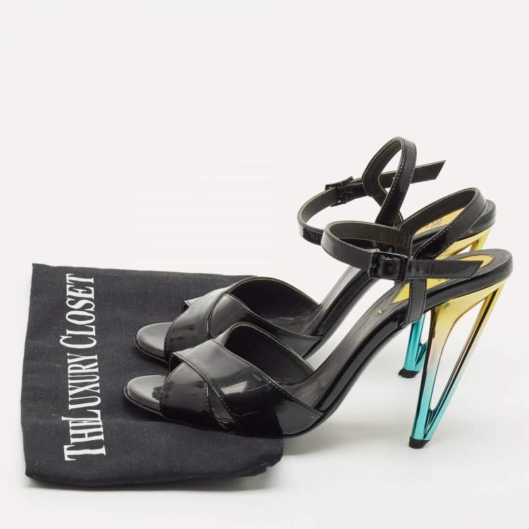 Pre Owned Fendi Black Patent Leather Ankle Strap Sandals Size 37.5