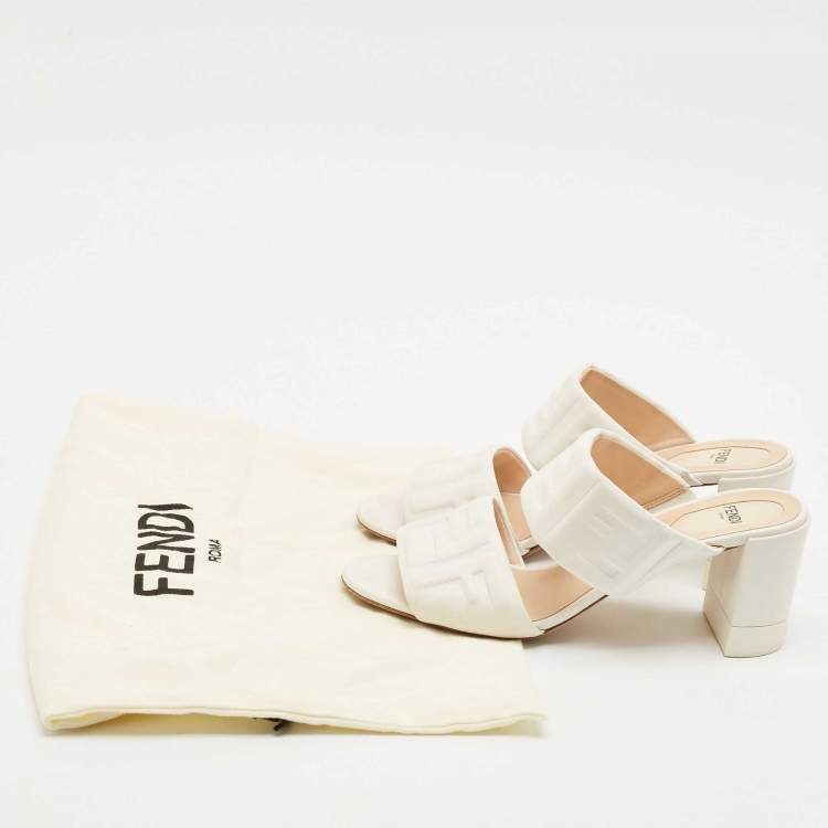 Pre Owned Fendi White Leather FF Embossed Block Heel Slide Sandals Size 38