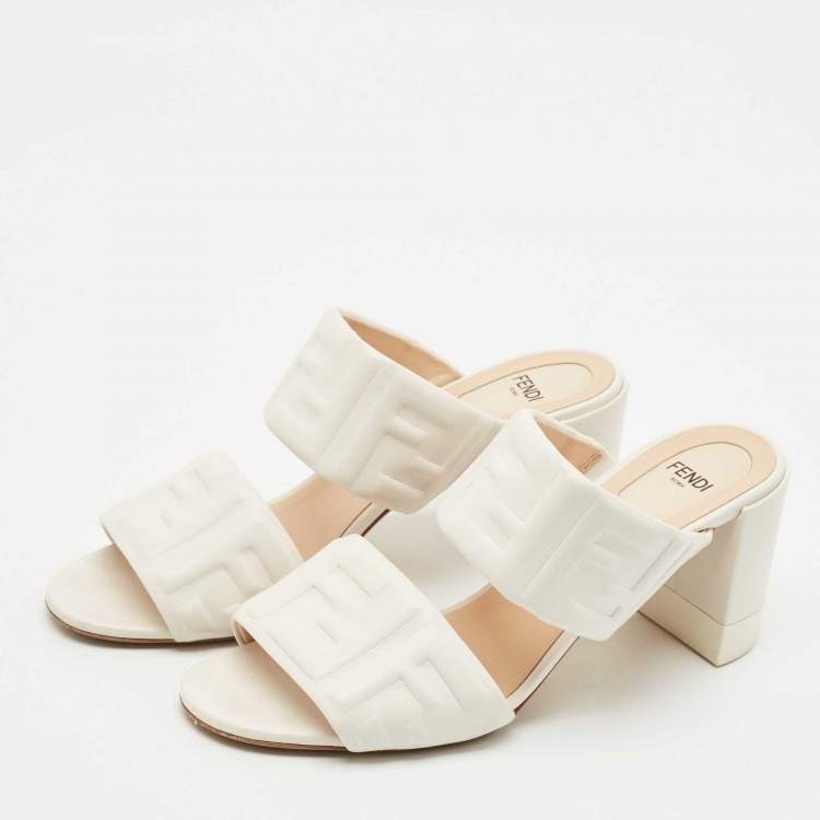 Pre Owned Fendi White Leather FF Embossed Block Heel Slide Sandals Size 38
