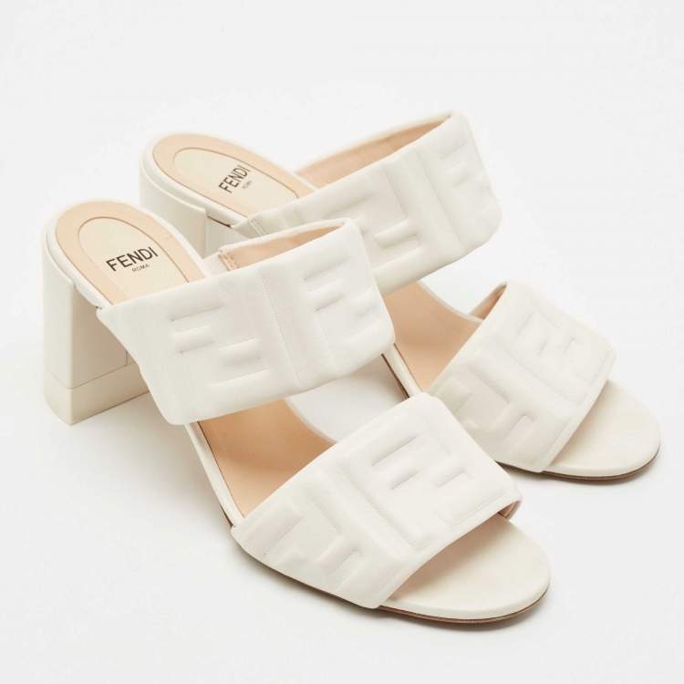 Pre Owned Fendi White Leather FF Embossed Block Heel Slide Sandals Size 38