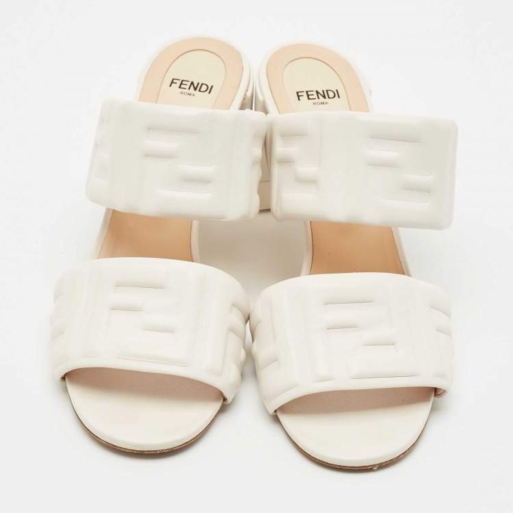 Pre Owned Fendi White Leather FF Embossed Block Heel Slide Sandals Size 38