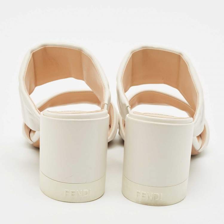 Pre Owned Fendi White Leather FF Embossed Block Heel Slide Sandals Size 38