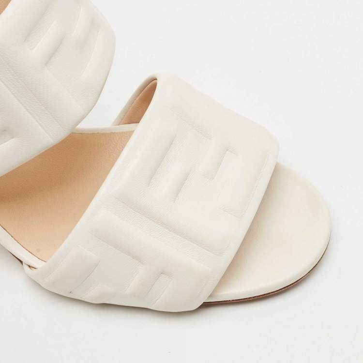 Pre Owned Fendi White Leather FF Embossed Block Heel Slide Sandals Size 38