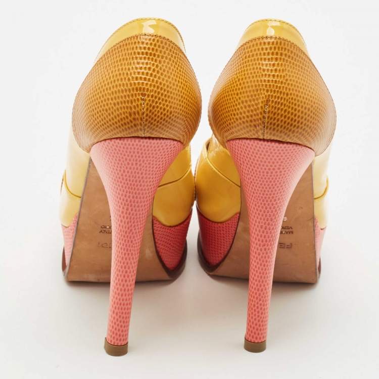 Pre Owned Fendi Yellow/Pink Patent and Lizard Embossed Leather Fendista Peep Toe Platform Pumps Size 37.5