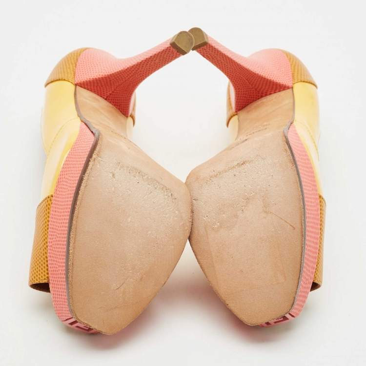 Pre Owned Fendi Yellow/Pink Patent and Lizard Embossed Leather Fendista Peep Toe Platform Pumps Size 37.5