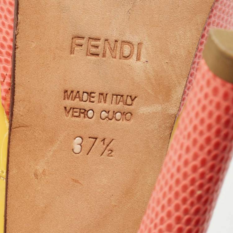 Pre Owned Fendi Yellow/Pink Patent and Lizard Embossed Leather Fendista Peep Toe Platform Pumps Size 37.5