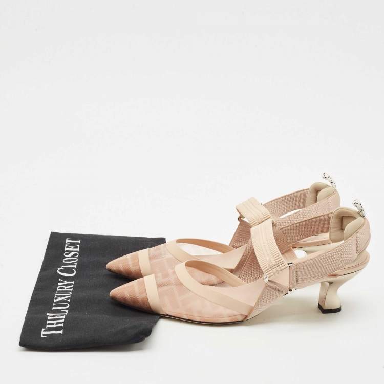 Pre Owned Fendi Beige Zucca Mesh and Fabric Colibri Pumps Size 41