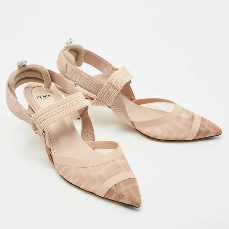 Pre Owned Fendi Beige Zucca Mesh and Fabric Colibri Pumps Size 41