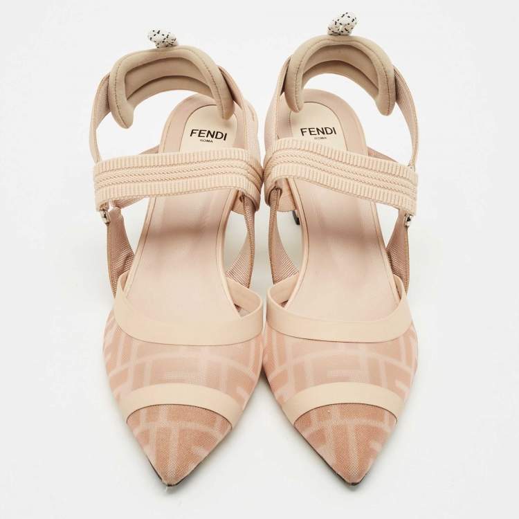 Pre Owned Fendi Beige Zucca Mesh and Fabric Colibri Pumps Size 41