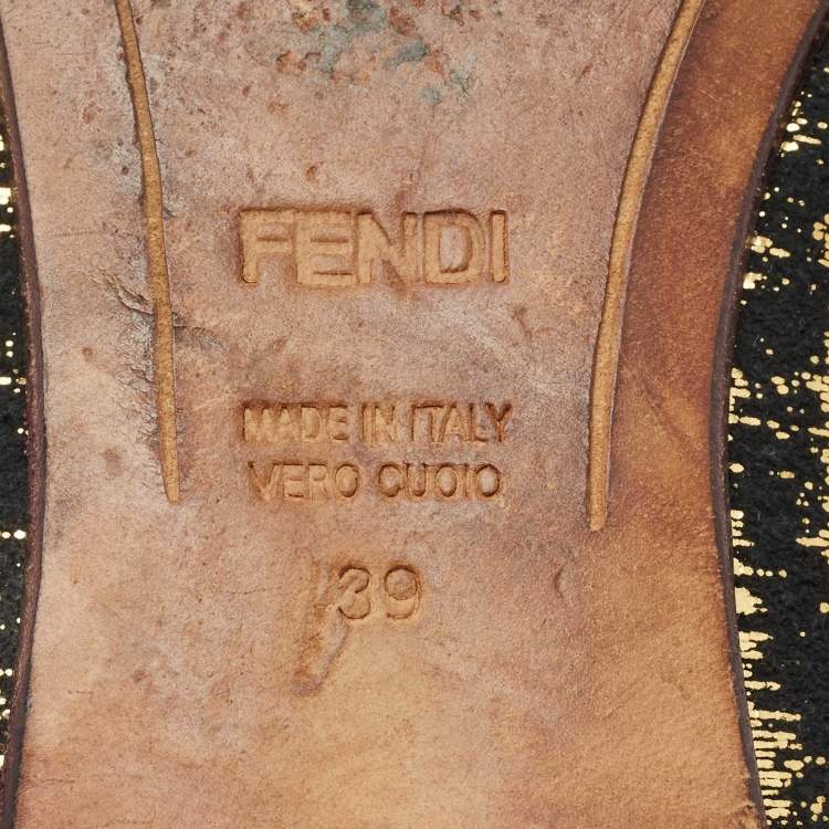 Pre Owned Fendi Gold/Black Textured Suede FF Charm Ballet Flats Size 39