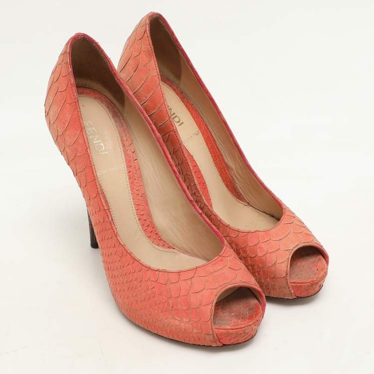 Pre Owned Fendi Orange Python Embossed Leather Peep Toe Platform Pumps Size 36