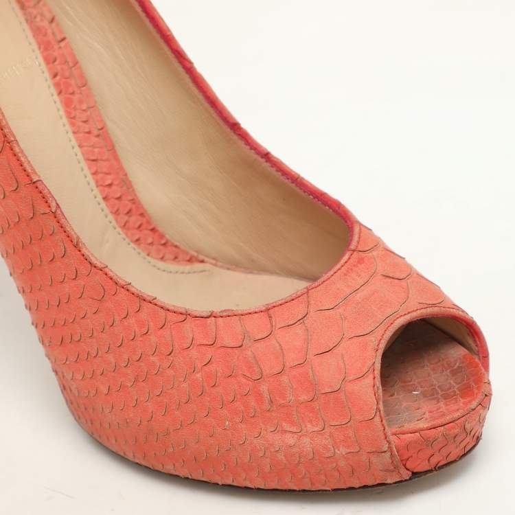 Pre Owned Fendi Orange Python Embossed Leather Peep Toe Platform Pumps Size 36