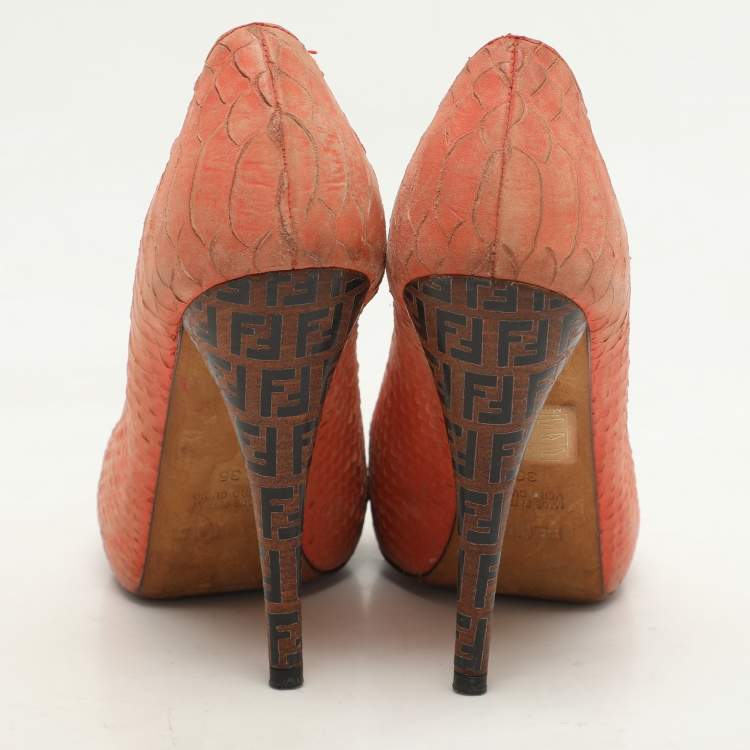 Pre Owned Fendi Orange Python Embossed Leather Peep Toe Platform Pumps Size 36