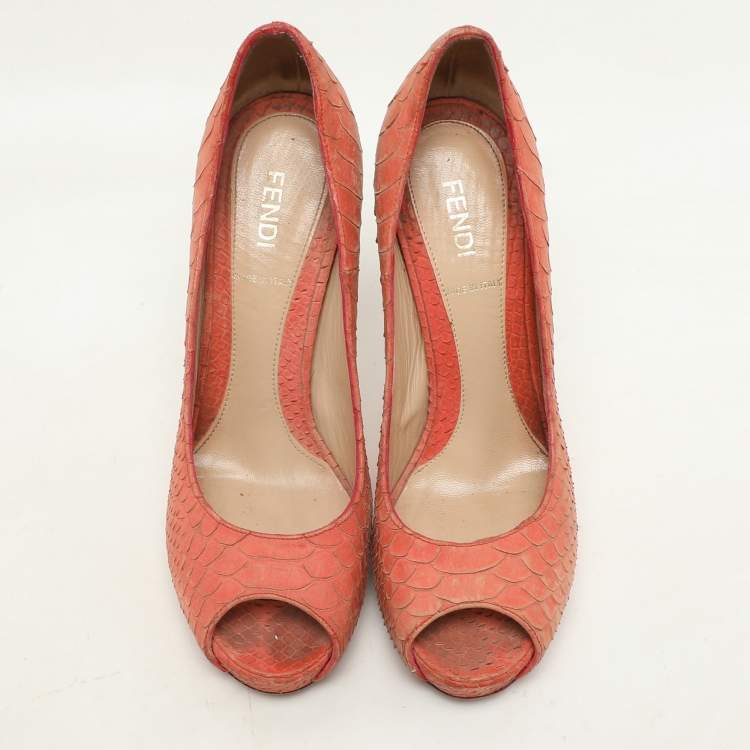 Pre Owned Fendi Orange Python Embossed Leather Peep Toe Platform Pumps Size 36