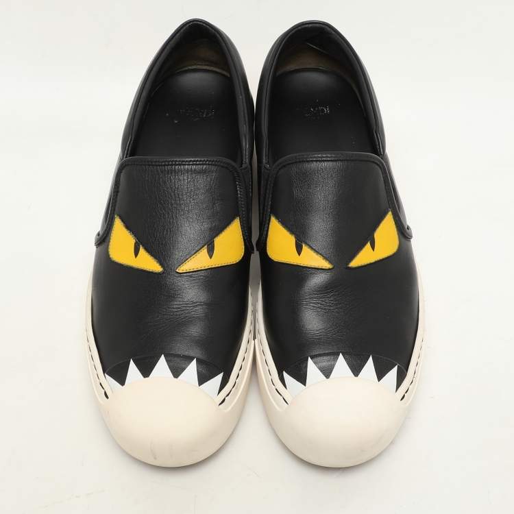 Pre Owned Fendi Black Leather Monster Slip On Sneakers Size 38.5