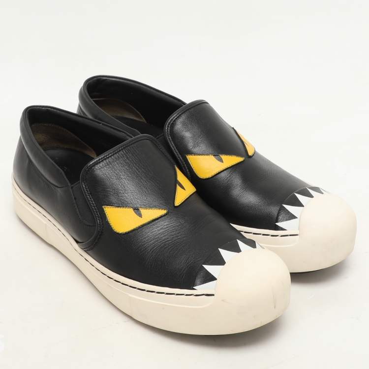 Pre Owned Fendi Black Leather Monster Slip On Sneakers Size 38.5
