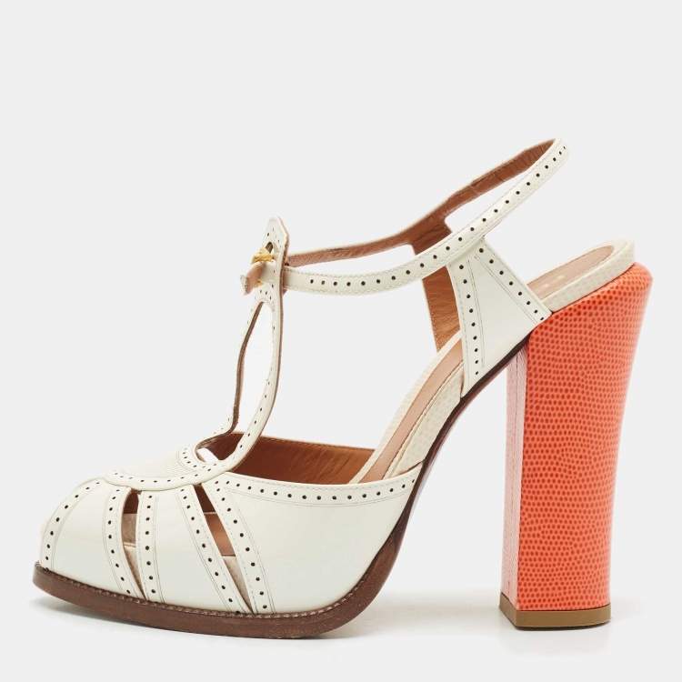 Pre Owned Fendi White/Orange Lizard Embossed and Patent Leather Cut Out T-Strap Sandals Size 38