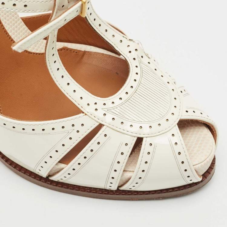 Pre Owned Fendi White/Orange Lizard Embossed and Patent Leather Cut Out T-Strap Sandals Size 38