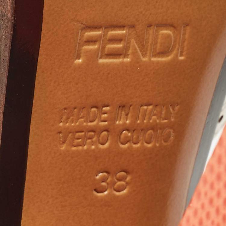 Pre Owned Fendi White/Orange Lizard Embossed and Patent Leather Cut Out T-Strap Sandals Size 38