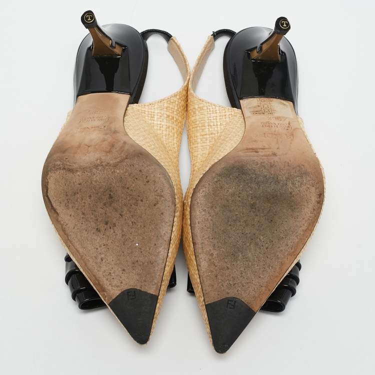 Pre Owned Fendi Beige/Black Woven Raffia and Patent Leather Bow Slingback Pumps Size 36.5