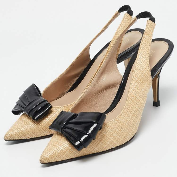 Pre Owned Fendi Beige/Black Woven Raffia and Patent Leather Bow Slingback Pumps Size 36.5