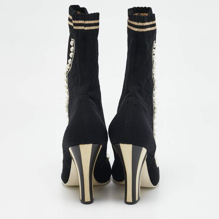 Pre Owned Fendi Black Knit Fabric Pearl Embellished Sock Ankle Boots Size 40