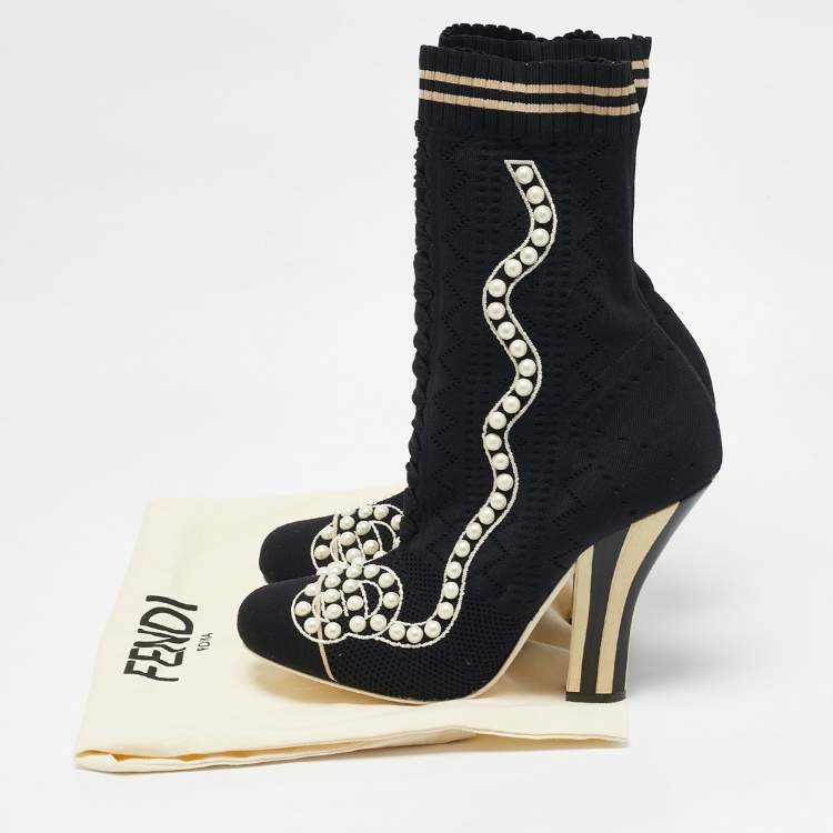 Pre Owned Fendi Black Knit Fabric Pearl Embellished Sock Ankle Boots Size 40