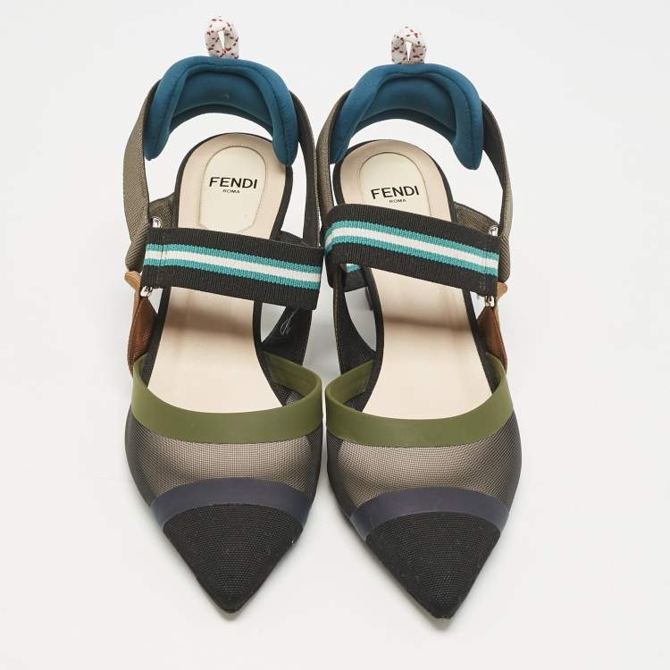 Pre Owned Fendi Multicolor Mesh and Canvas Colibri Slingback Pumps Size 37.5