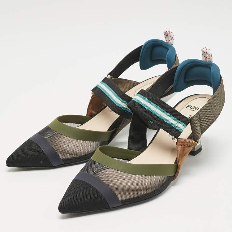 Pre Owned Fendi Multicolor Mesh and Canvas Colibri Slingback Pumps Size 37.5