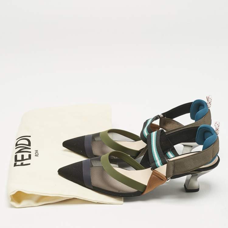Pre Owned Fendi Multicolor Mesh and Canvas Colibri Slingback Pumps Size 37.5