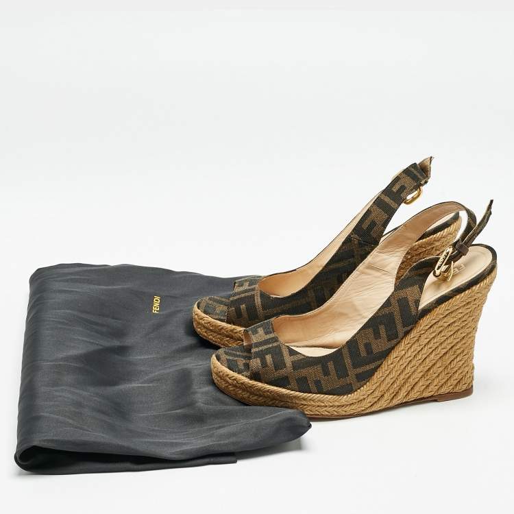 Pre Owned Fendi Brown Zucca Canvas Espadrille Wedge Platform Slingback Sandals Size 38