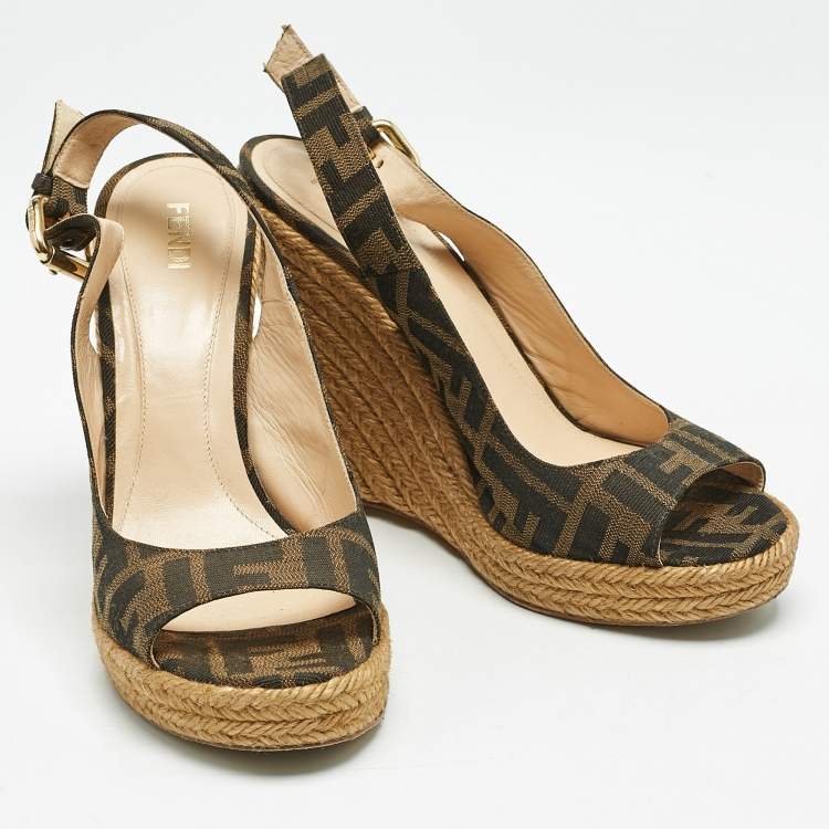 Pre Owned Fendi Brown Zucca Canvas Espadrille Wedge Platform Slingback Sandals Size 38