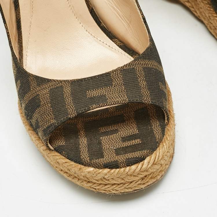 Pre Owned Fendi Brown Zucca Canvas Espadrille Wedge Platform Slingback Sandals Size 38