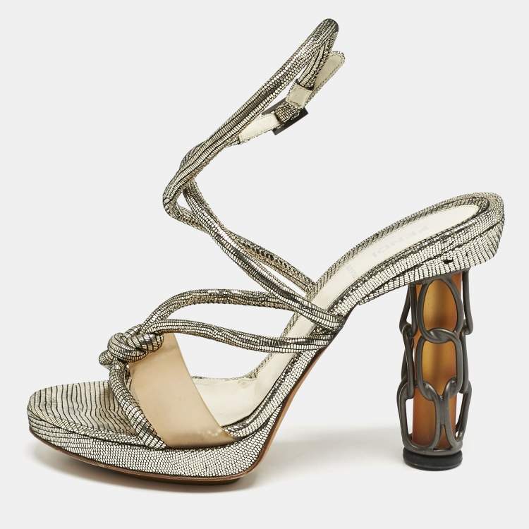 Pre Owned Fendi Gold Lizard Embossed Leather Chain Cage Heel Platform Sandals Size 39 
