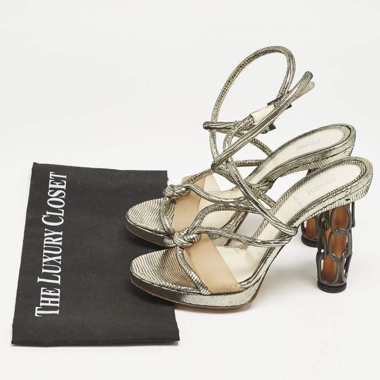 Pre Owned Fendi Gold Lizard Embossed Leather Chain Cage Heel Platform Sandals Size 39 