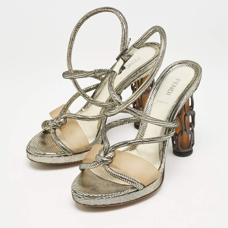 Pre Owned Fendi Gold Lizard Embossed Leather Chain Cage Heel Platform Sandals Size 39 