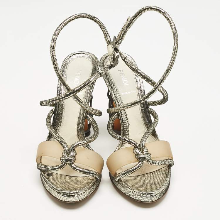 Pre Owned Fendi Gold Lizard Embossed Leather Chain Cage Heel Platform Sandals Size 39 