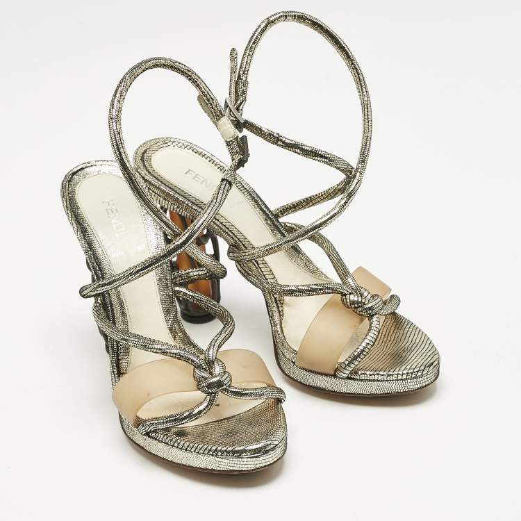 Pre Owned Fendi Gold Lizard Embossed Leather Chain Cage Heel Platform Sandals Size 39 