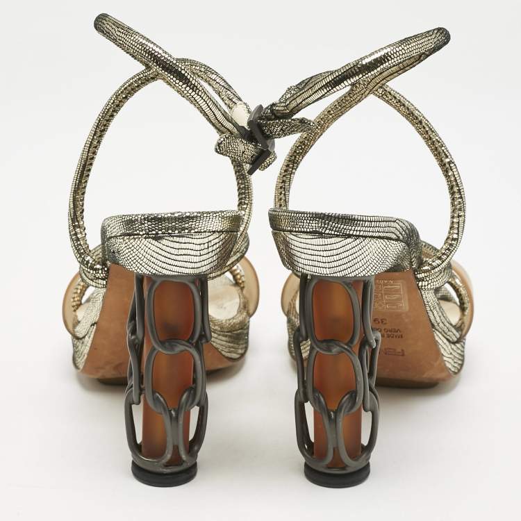 Pre Owned Fendi Gold Lizard Embossed Leather Chain Cage Heel Platform Sandals Size 39 