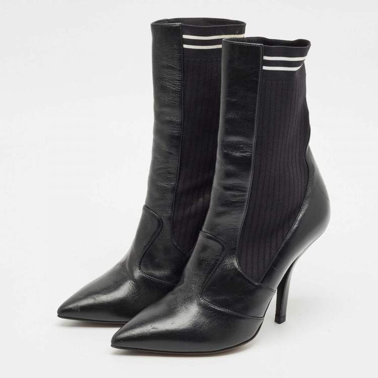 Pre Owned Fendi Black Leather And Stretch Knit Fabric Rockoko Ankle Boots Size 38.5