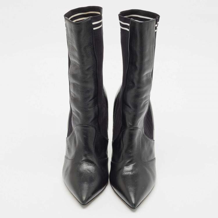 Pre Owned Fendi Black Leather And Stretch Knit Fabric Rockoko Ankle Boots Size 38.5