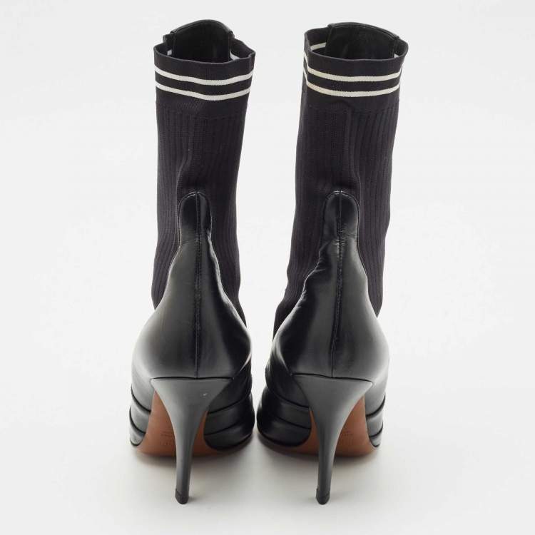 Pre Owned Fendi Black Leather And Stretch Knit Fabric Rockoko Ankle Boots Size 38.5