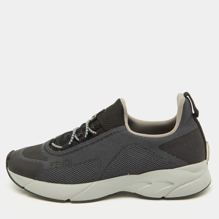 Pre Owned Fendi Dark Grey/Black Knit Fabric Faster Slip On Low Top Sneakers Size 40
