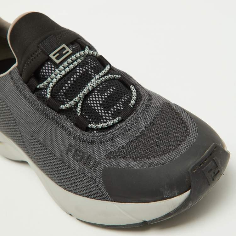 Pre Owned Fendi Dark Grey/Black Knit Fabric Faster Slip On Low Top Sneakers Size 40