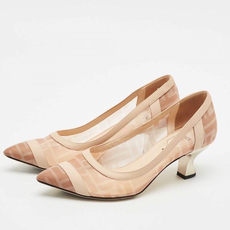 Pre Owned Fendi Light Pink/Brown Zucca Mesh and Leather Colibri Pumps Size 38
